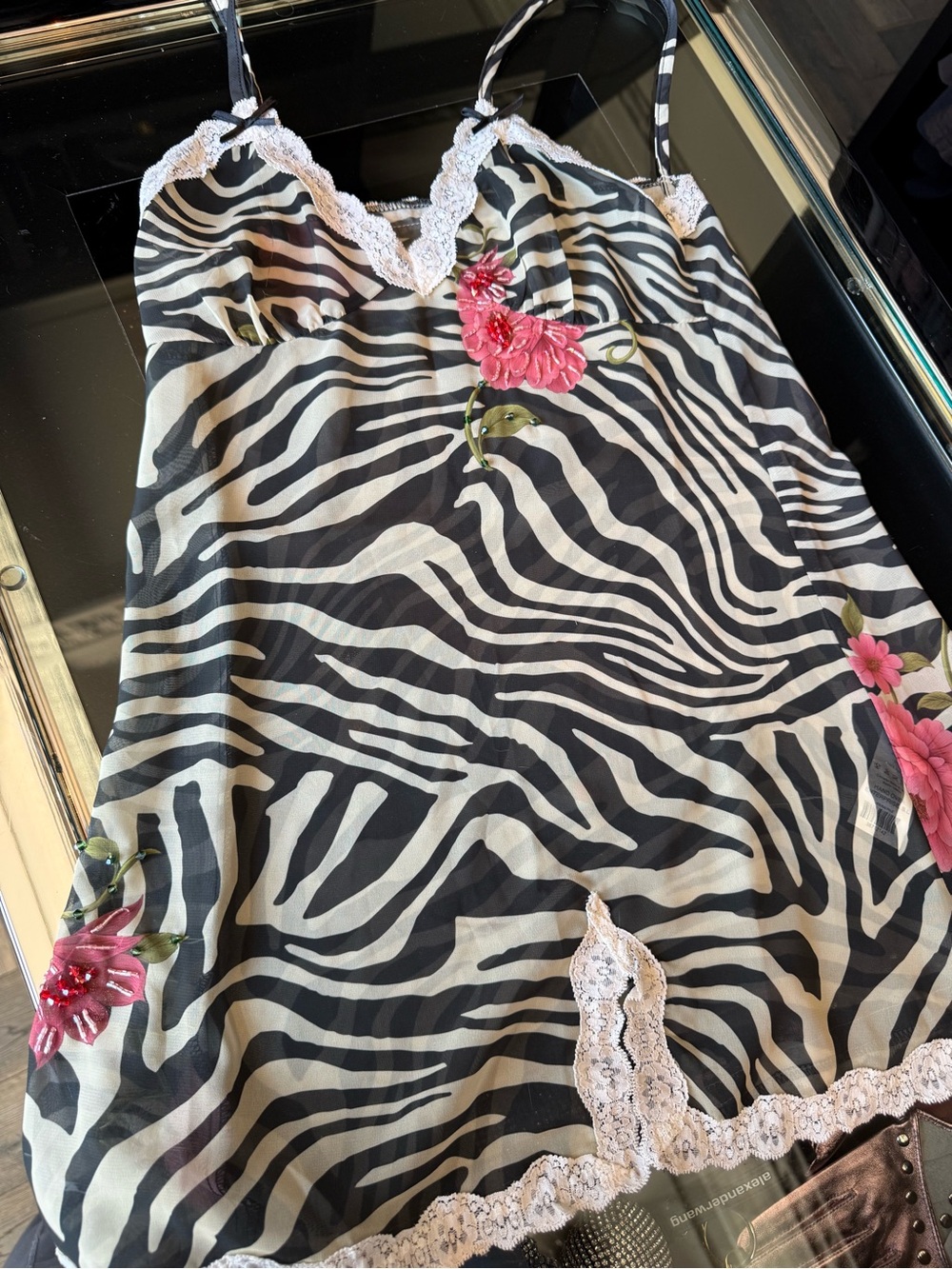 Hand Over Zebra Print Slip Dress with Pink Floral Appliqués
